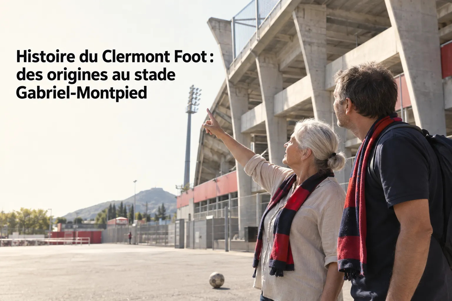 Histoire du Clermont Foot: des origines au stade Gabriel-Montpied, personnages regardant le stade en Auvergne, silhouette sportive. histoire Clermont Foot Auvergne