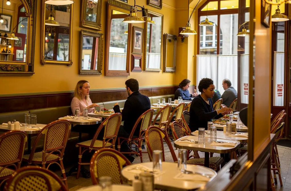 Intérieur chaleureux d’un restaurant, tables nappées, chaises en osier, miroirs dorés et lumière pendante; ambiance conviviale autour de clients discutant. intégrer: les meilleurs restaurants a Clermont-Ferrand